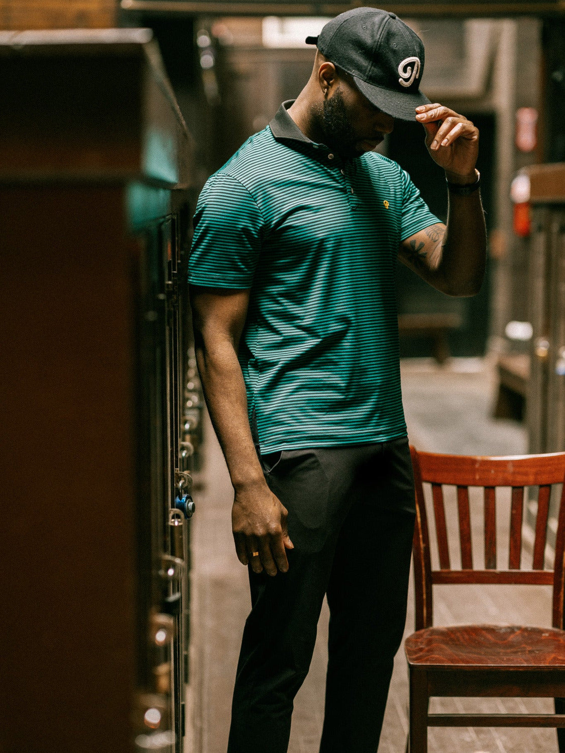 Public Athlete Striped Polo (Green/Black)